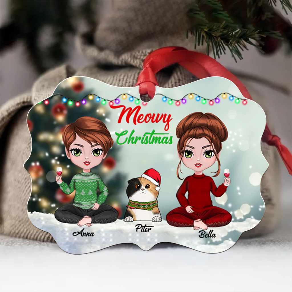 Personalized Christmas Ornaments - Two Sisters Two Girls and Cat - Personalized Christmas Ornaments Medallion