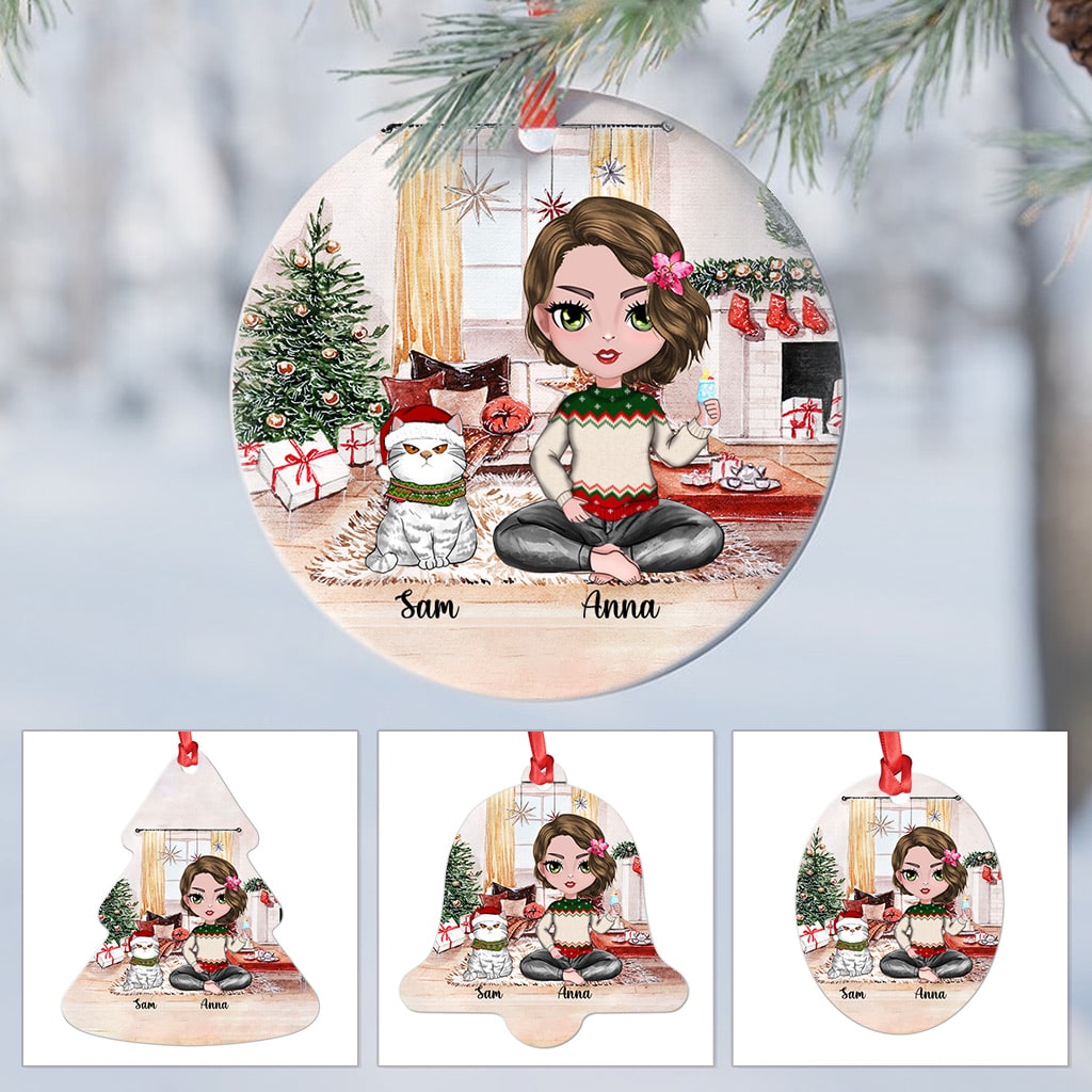 Personalized Christmas Ornaments Gifts - Girl and Cat - Custom Ornaments